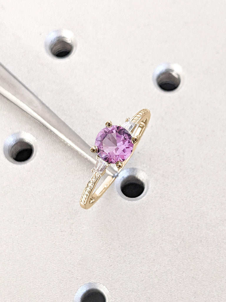 Purple Alexandrite Vintage Engagement Ring | Round Engagement Ring | 14K Yellow Gold Unique Alexandrite Promise Ring For Her | Handmade Ring