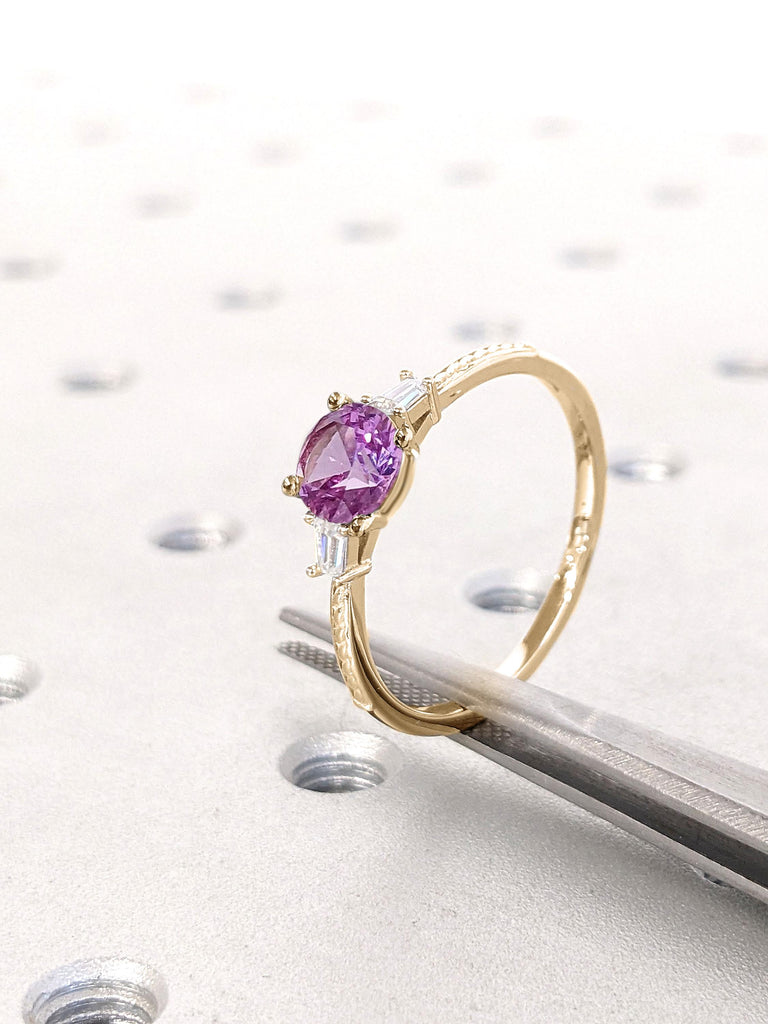 14k Yellow Gold Promise Anniversary Ring | Round cut Alexandrite Purple Engagement Ring | Women Wedding Ring