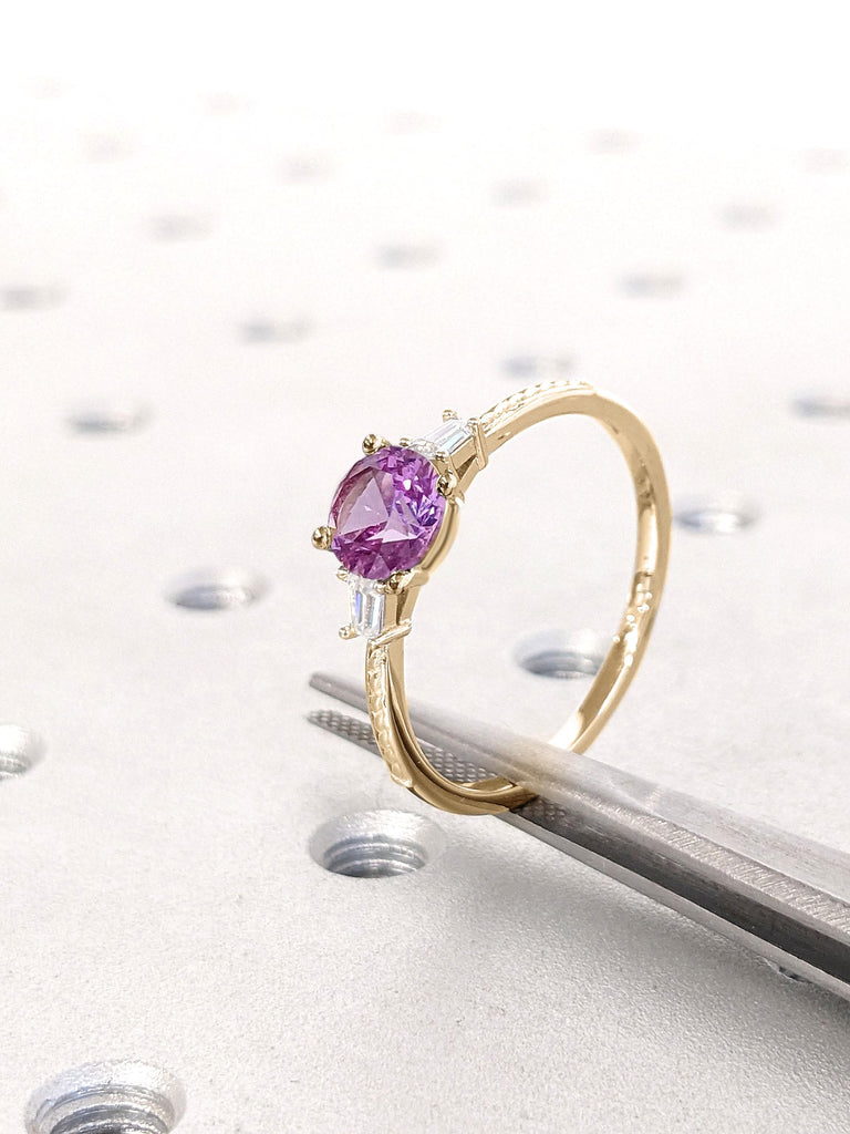 14k Yellow Gold Promise Anniversary Ring | Round cut Alexandrite Purple Engagement Ring | Women Wedding Ring