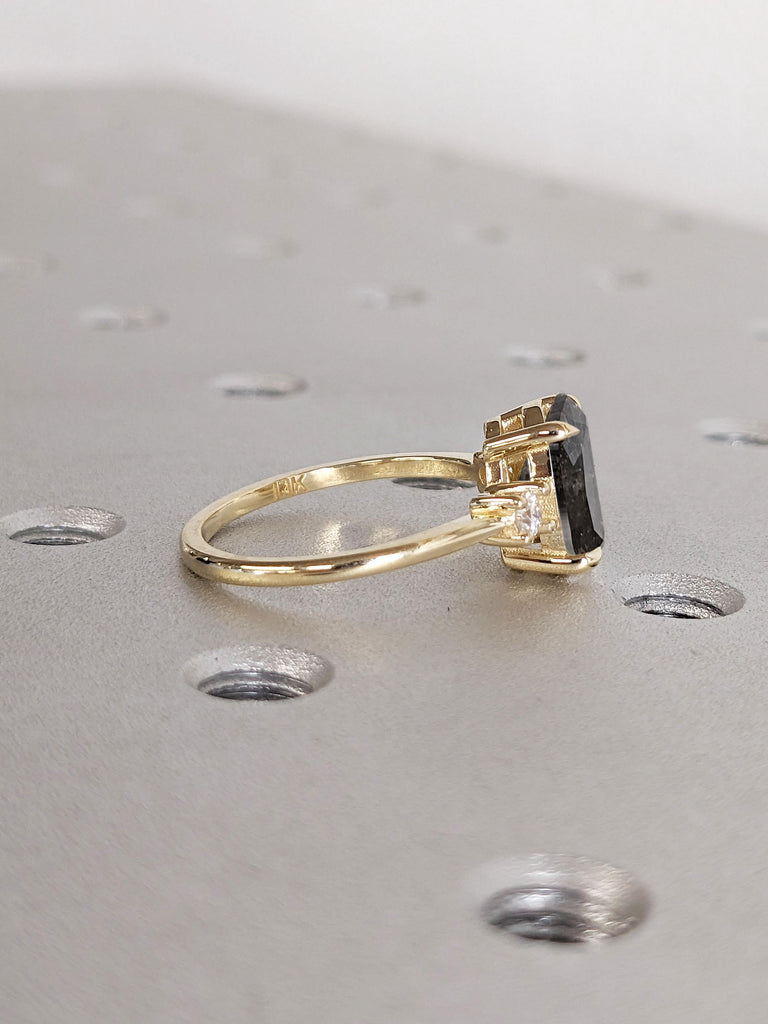 Oval Engagement Ring, Art Deco Salt and Pepper Diamond Ring, Unique Anniversary Ring, Gold Promise Ring for Her, Wedding Anniversary Gift