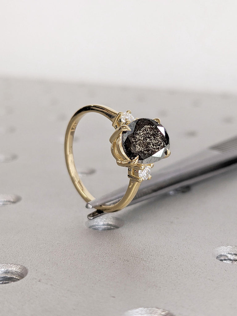 Oval Engagement Ring, Art Deco Salt and Pepper Diamond Ring, Unique Anniversary Ring, Gold Promise Ring for Her, Wedding Anniversary Gift