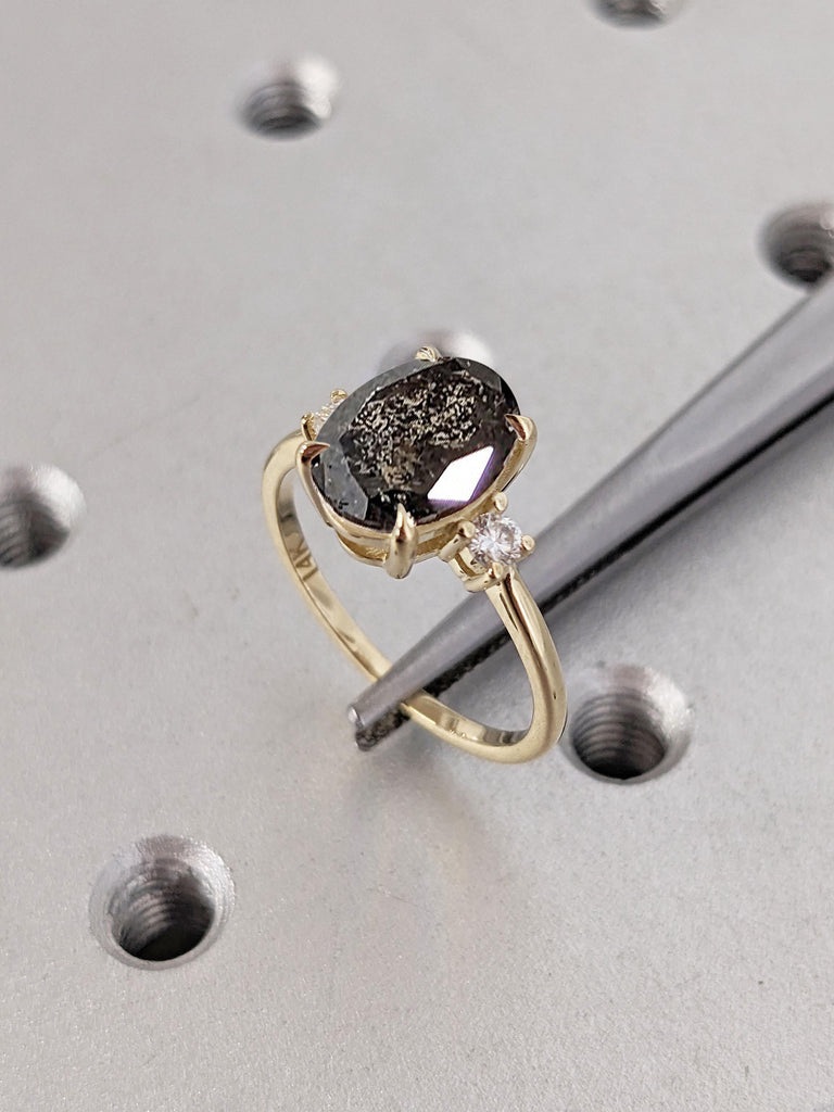 Oval Engagement Ring, Art Deco Salt and Pepper Diamond Ring, Unique Anniversary Ring, Gold Promise Ring for Her, Wedding Anniversary Gift