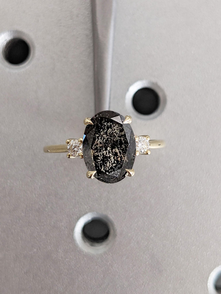 Oval Engagement Ring, Art Deco Salt and Pepper Diamond Ring, Unique Anniversary Ring, Gold Promise Ring for Her, Wedding Anniversary Gift