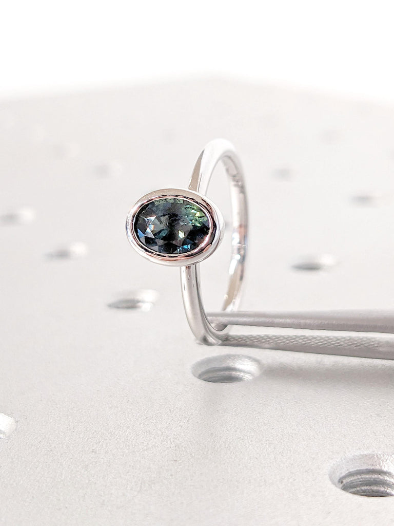 1ct Natural Blue Green Sapphire Ring | Oval Teal Sapphire Solitaire Simple Promise Ring | Vintage Sapphire Engagement Ring, 14K White Gold