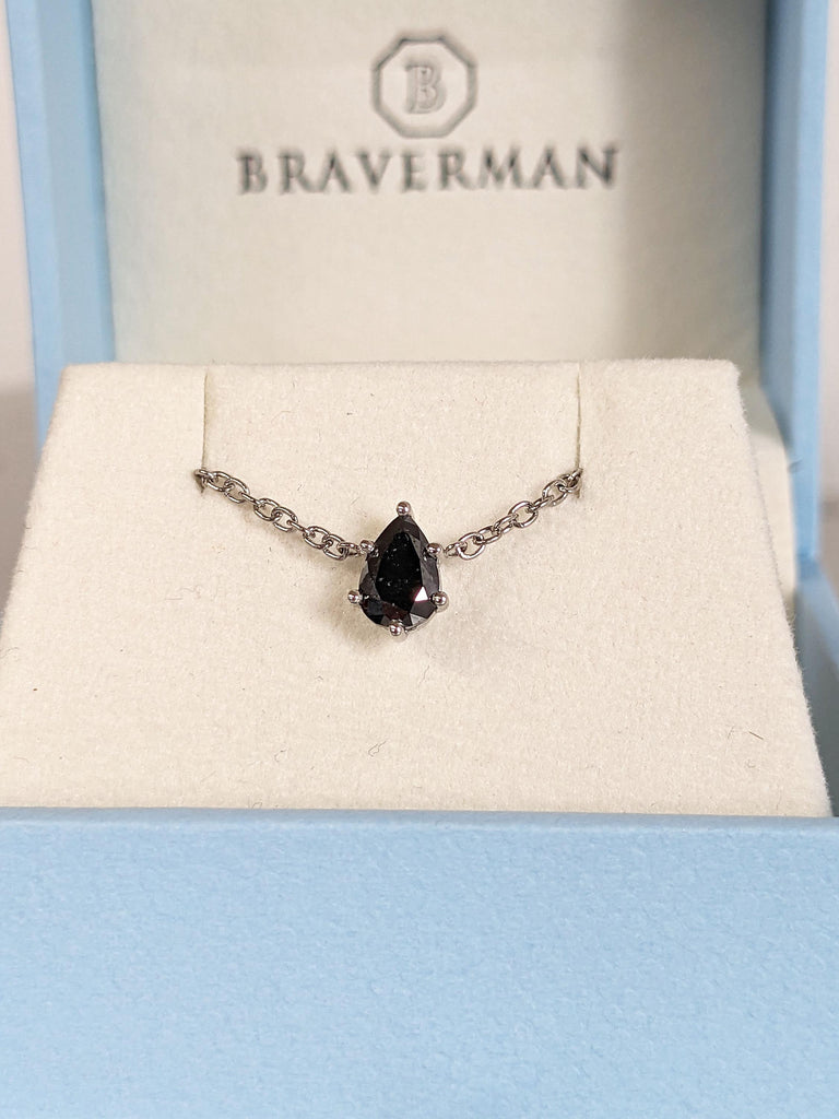 White Gold Black Diamond Pendant Necklace for Her | 14K Gold Chain Women Jewelry | Diamond Necklace | Timeless Pear cut Solitaire Necklace