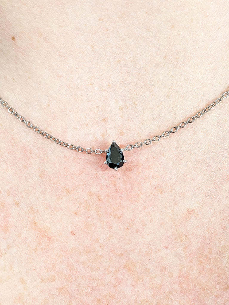 0.5ct Natural Black Diamond Solitaire Pendant | Pear cut Necklace for Her | 14k White Gold Woman Necklace