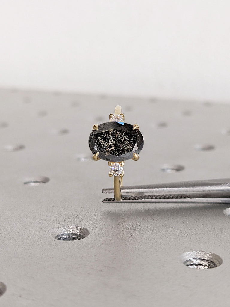 Oval Engagement Ring, Art Deco Salt and Pepper Diamond Ring, Unique Anniversary Ring, Gold Promise Ring for Her, Wedding Anniversary Gift