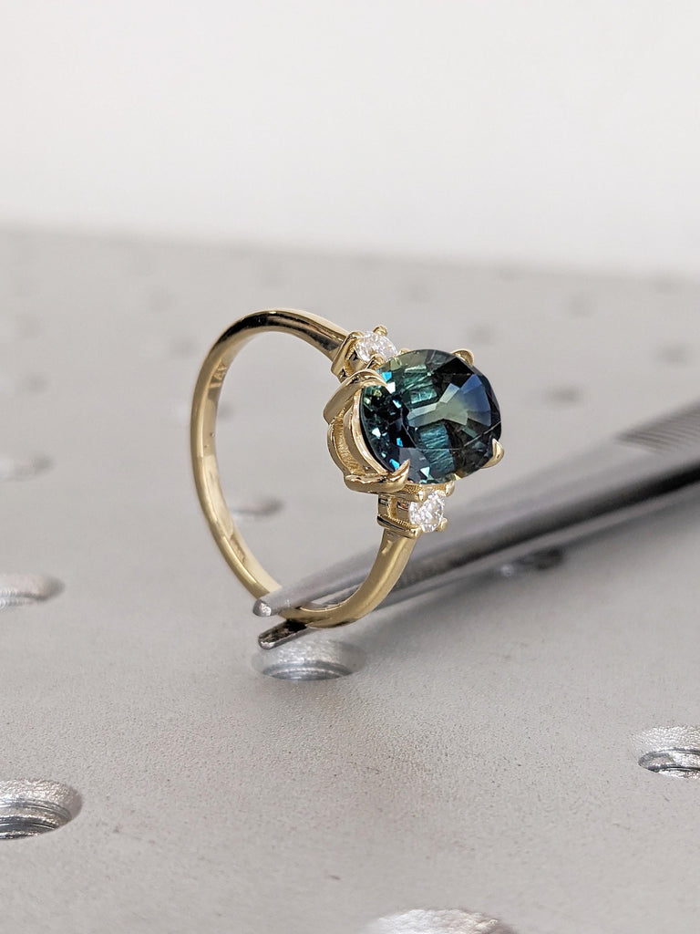 Oval Engagement Ring | 14k Solid Gold Green Blue Sapphire Ring | One of a Kind Montana Sapphire Statement Rings for Women | Anniversary Gift