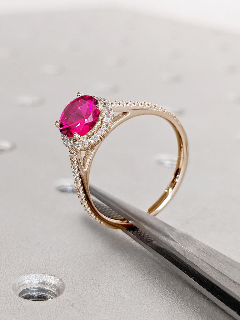 Comfort Fit Lab Ruby Ring, Halo Engagement Ring, Rose Gold Ring, Ruby Anniversary Ring, July Birthstone Ring, Moissanite Half Eternity Ring