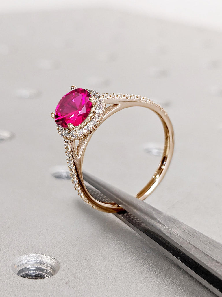 Lab Ruby Engagement Ring, Rose Gold Promise Ring, Ruby Halo Ring, Diamond Half Eternity Ring, Birthstone Rings for Women, Comfort Fit Ring