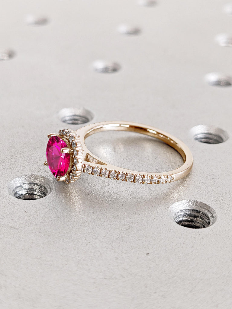 Comfort Fit Lab Ruby Ring, Halo Engagement Ring, Rose Gold Ring, Ruby Anniversary Ring, July Birthstone Ring, Moissanite Half Eternity Ring
