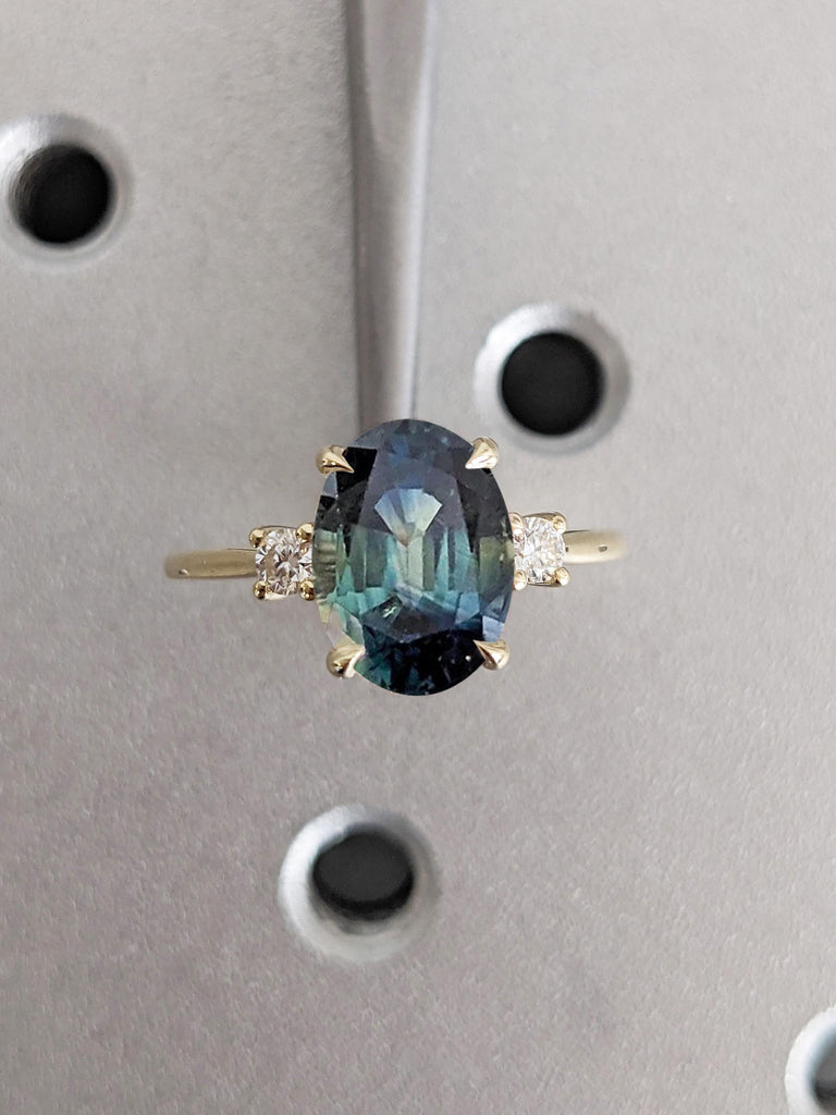 Oval Engagement Ring | 14k Solid Gold Green Blue Sapphire Ring | One of a Kind Montana Sapphire Statement Rings for Women | Anniversary Gift