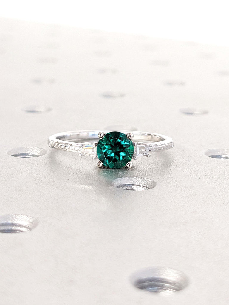 Green Emerald and Diamond Round cut Engagement Ring for Women | May Birthstone Ring Birthday Gift | 14k Solid Gold Ring White Yellow Rose