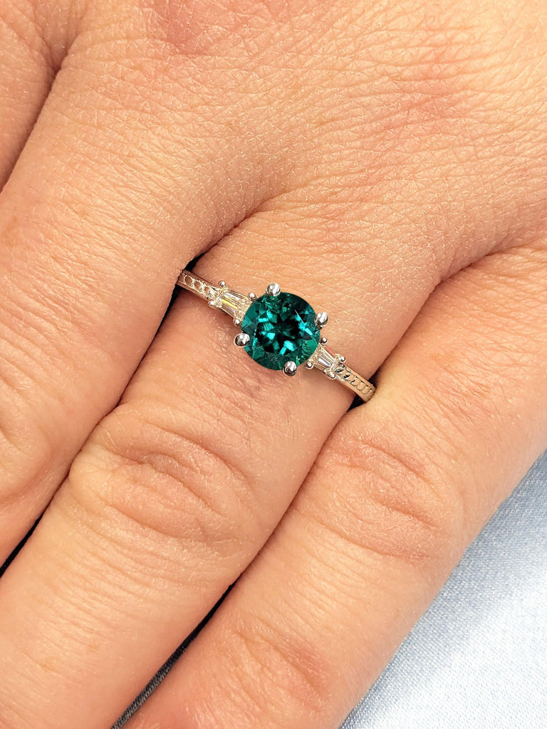 1.5ct Round cut Emerald Ring | White Gold Promise Ring for Her | Hand Engraved Twist Rope Wedding Ring