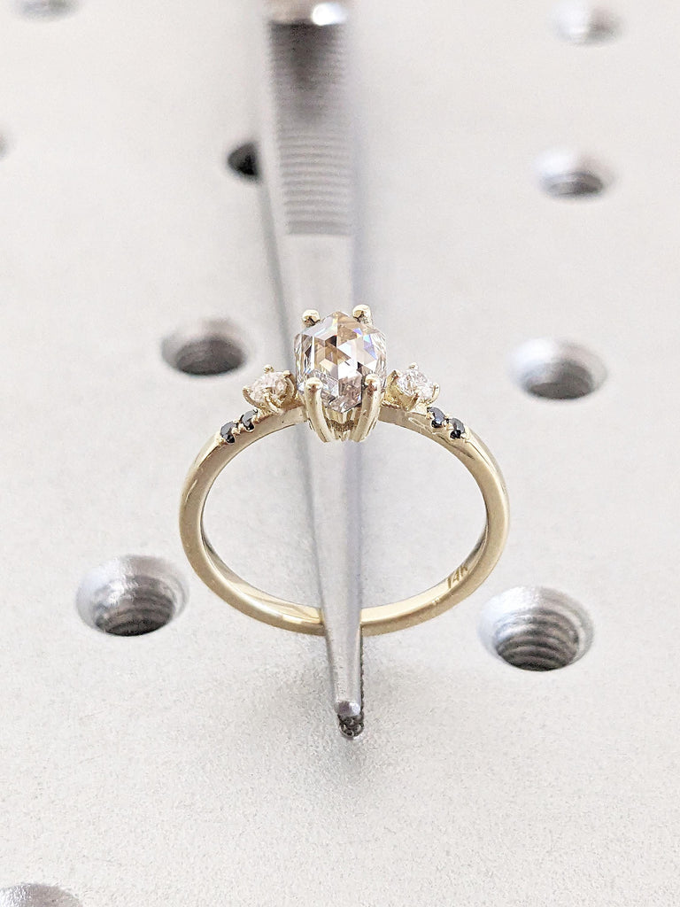 Unique Hexagon cut VVS Moissanite Engagement Ring | 14k Thin Gold Rings for Women | Multi Stone White and Black Diamond Ring | Wedding Ring