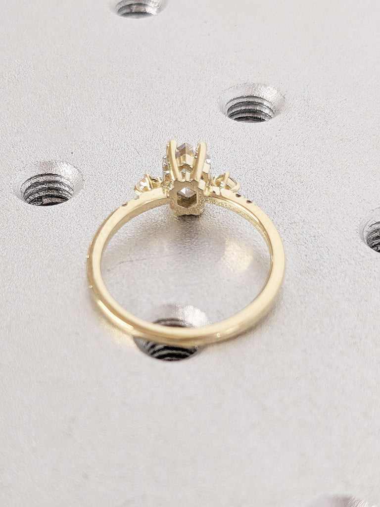 Unique Hexagon cut VVS Moissanite Engagement Ring | 14k Thin Gold Rings for Women | Multi Stone White and Black Diamond Ring | Wedding Ring