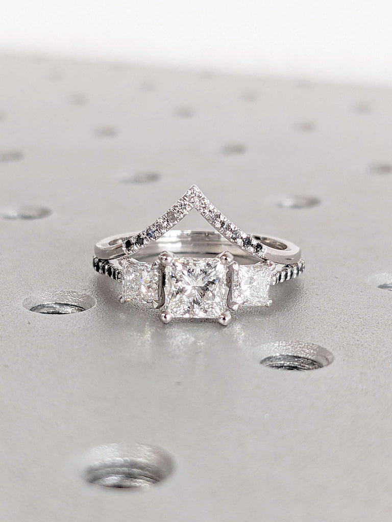 Three Stone Ring Princess cut Moissanite and Diamond Ring | 14k 18k Gold Engagement Ring | Curve Wedding Ring | Woman Bridal Ring