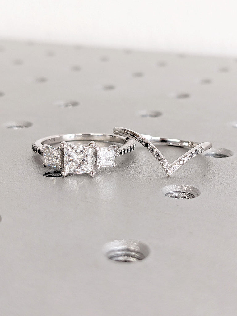 D Color VVS Moissanite Engagement Stacking Ring Set | Chevron Diamond Eternity Band | Tiny Black Diamond Ring | White Gold Rings for Women