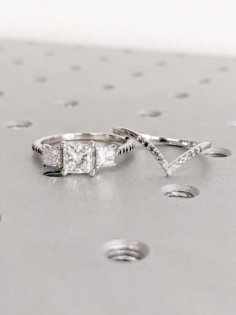 D Color VVS Moissanite Engagement Stacking Ring Set | Chevron Diamond Eternity Band | Tiny Black Diamond Ring | White Gold Rings for Women