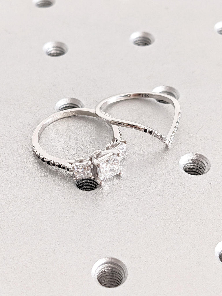 1-2CT Colorless Moissanite 14k White Gold Engagement Ring | Stacking Ring Bridal Set | V Shaped Eternity Ring | Wedding Anniversary Ring