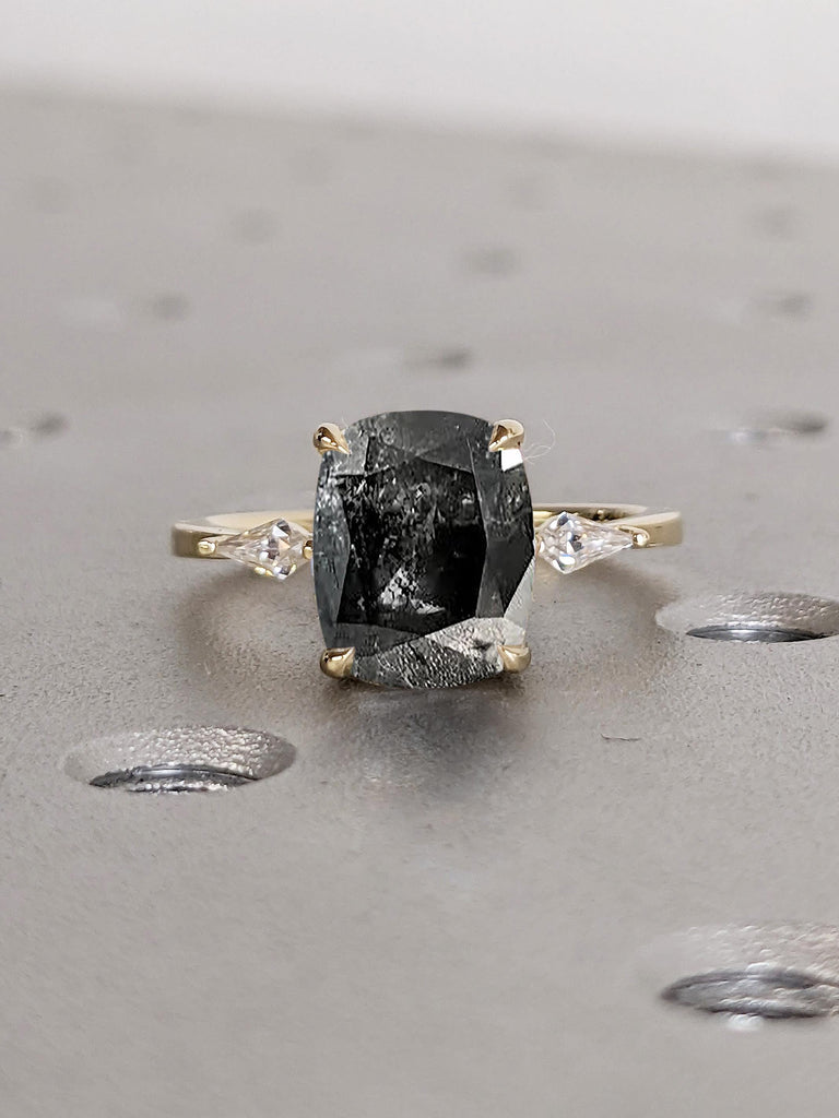 Salt and Pepper Diamond Ring, 14k Gold Kite and Cushion Cut Engagement Ring, Art Deco Anniversary Ring, Gold Statement Ring, Gift for Her