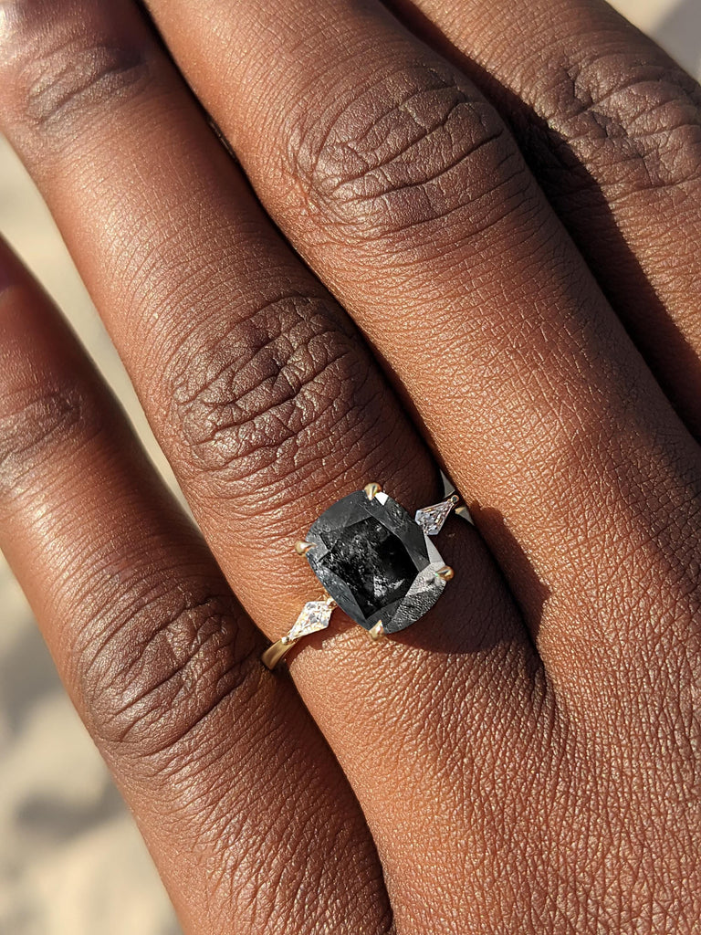 Cushion Cut Raw Salt and Pepper Diamond Ring, 14k Solid Gold Ring, Kite Cut Moissanite or Diamond Ring, Cushion Ring, Promise Ring for Her