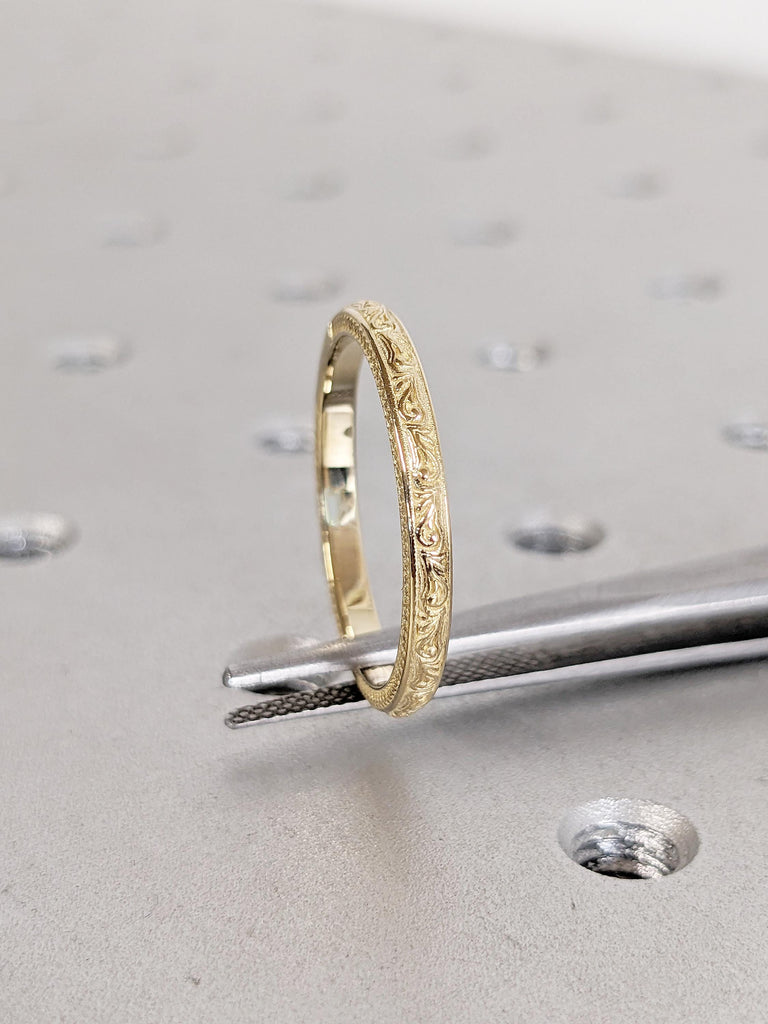 14k Yellow Gold Womens Wedding Band, Filigree Ring, Milgrain Gold Stacking Ring, Unique Matching Ring, Dainty Wedding Ring, Anniversary Ring