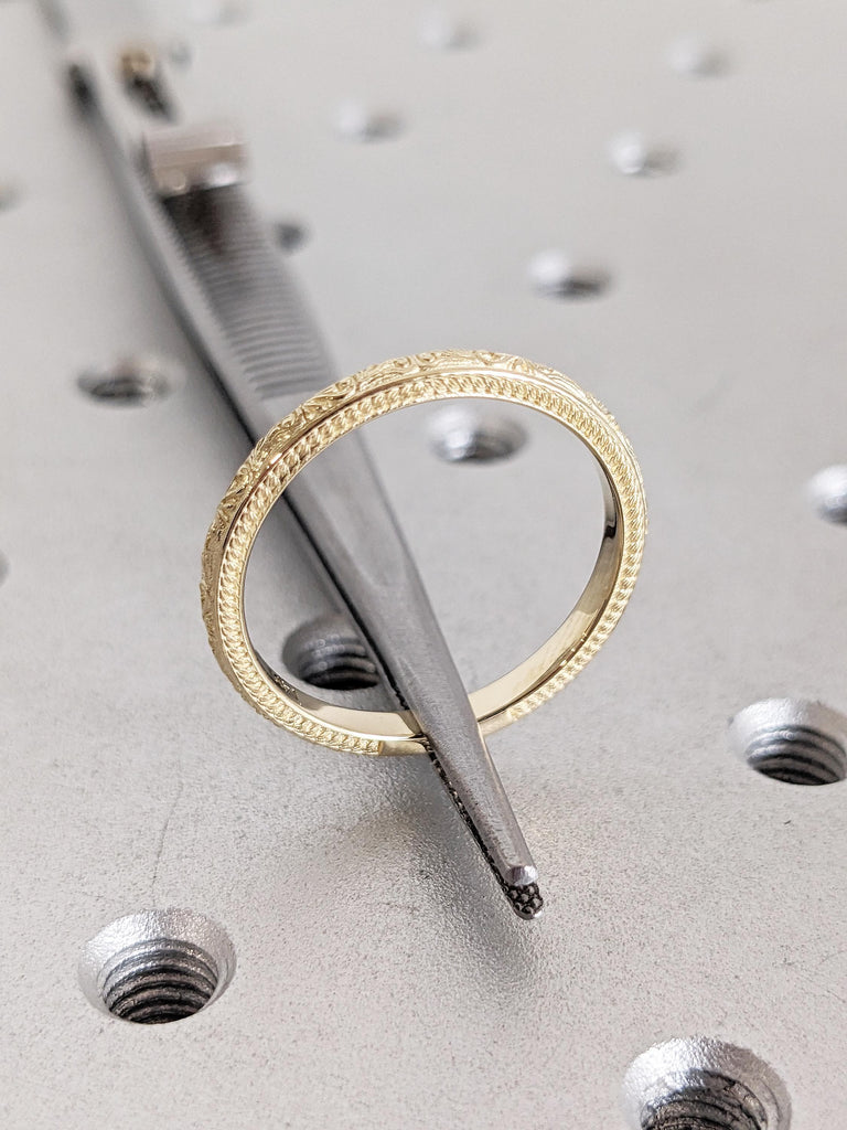 14k Yellow Gold Womens Wedding Band, Filigree Ring, Milgrain Gold Stacking Ring, Unique Matching Ring, Dainty Wedding Ring, Anniversary Ring