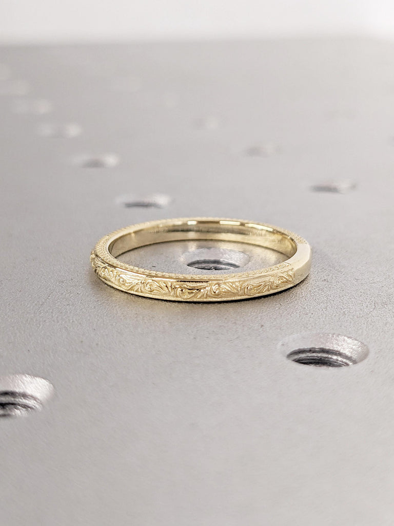 14k Yellow Gold Womens Wedding Band, Filigree Ring, Milgrain Gold Stacking Ring, Unique Matching Ring, Dainty Wedding Ring, Anniversary Ring