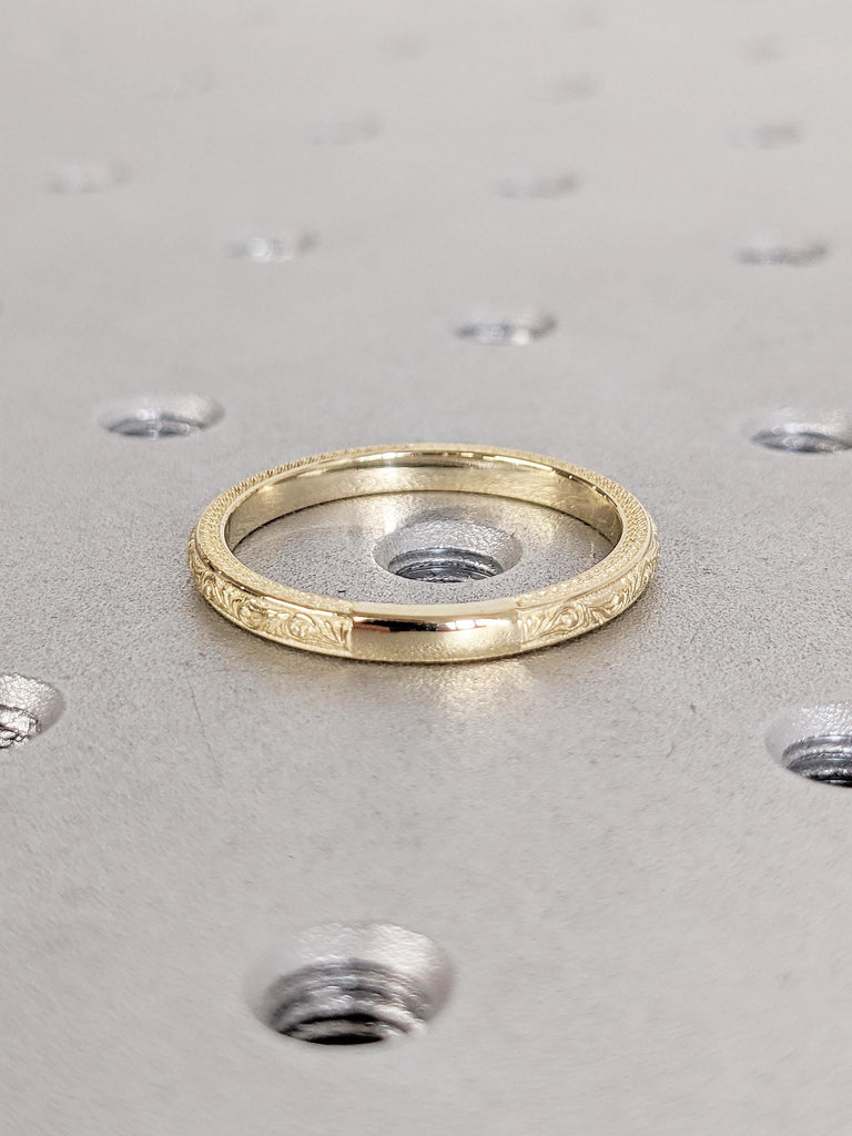 14k Yellow Gold Womens Wedding Band, Filigree Ring, Milgrain Gold Stacking Ring, Unique Matching Ring, Dainty Wedding Ring, Anniversary Ring