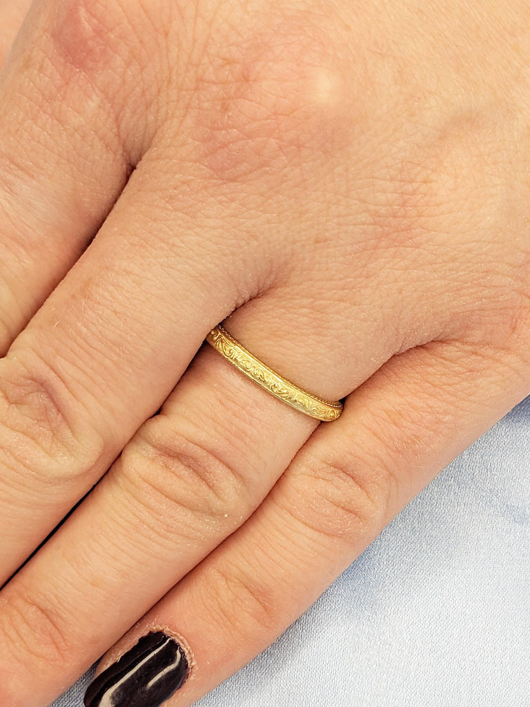 14k Yellow Gold Womens Wedding Band, Filigree Ring, Milgrain Gold Stacking Ring, Unique Matching Ring, Dainty Wedding Ring, Anniversary Ring
