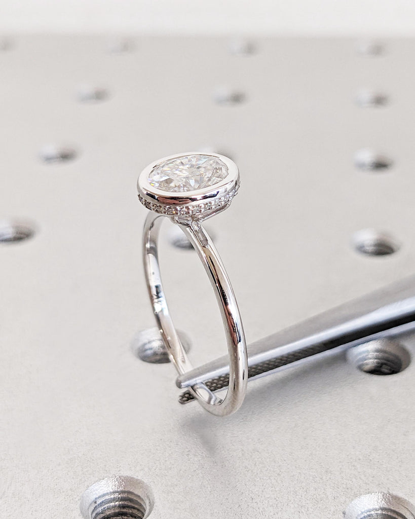 Bezel Set Oval Moissanite Solitaire Engagement Ring | Custom 14K White Gold Diamond Hidden Halo Wedding Anniversary Ring for Her | Oval Ring