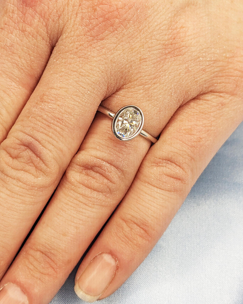 Bezel Set Oval Moissanite Solitaire Engagement Ring | Custom 14K White Gold Diamond Hidden Halo Wedding Anniversary Ring for Her | Oval Ring