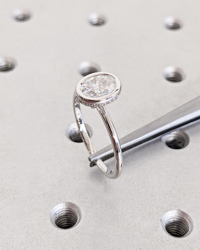 Bezel Set Oval Moissanite Solitaire Engagement Ring | Custom 14K White Gold Diamond Hidden Halo Wedding Anniversary Ring for Her | Oval Ring