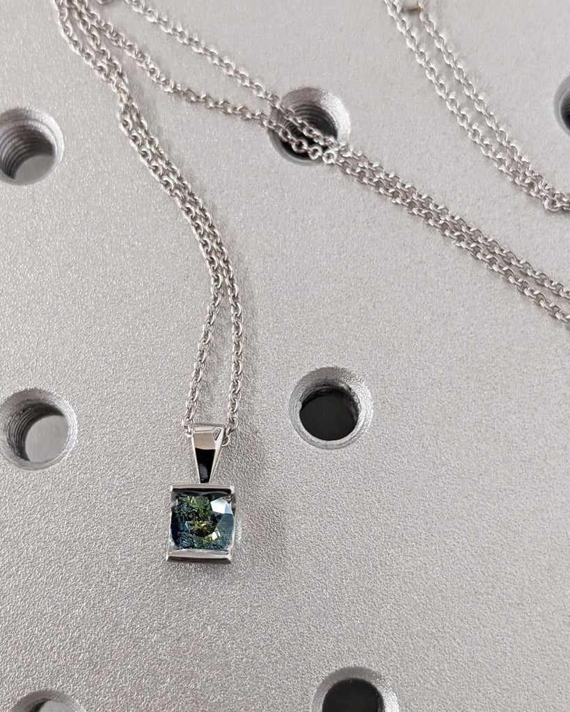 Unique Blue Green Sapphire Round Solitaire Necklace | 18k White Gold Necklace for Girlfriend | Everyday Wear Gold Chain Necklace Jewelry