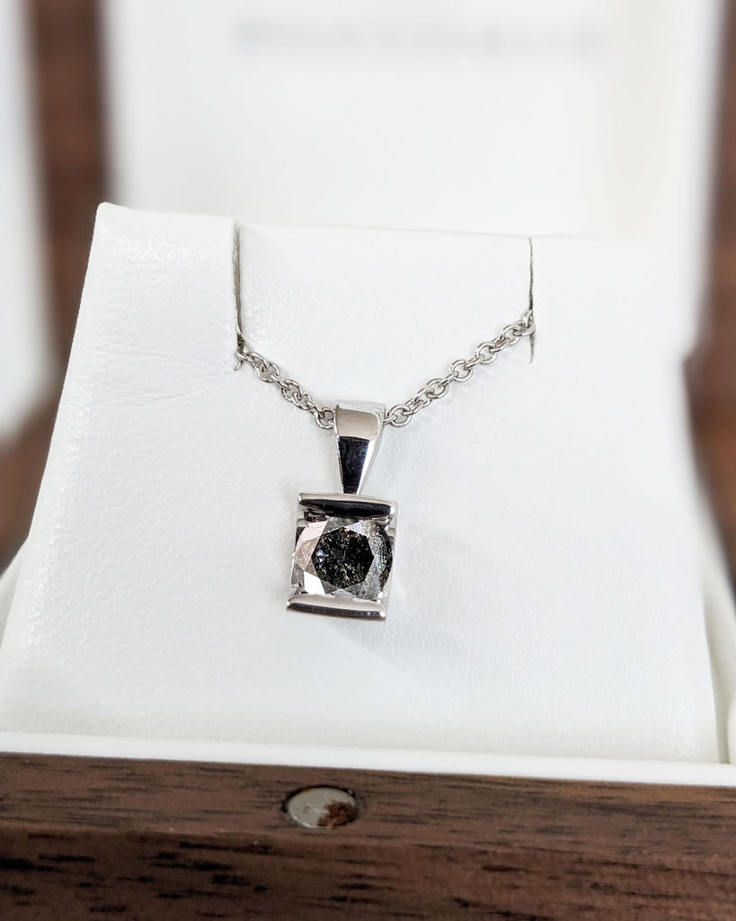 Round Solitaire Pendant Necklace | 18k White Gold Chain Necklace for Women | 0.5 Carat Salt and Pepper Galaxy Diamond Pendant
