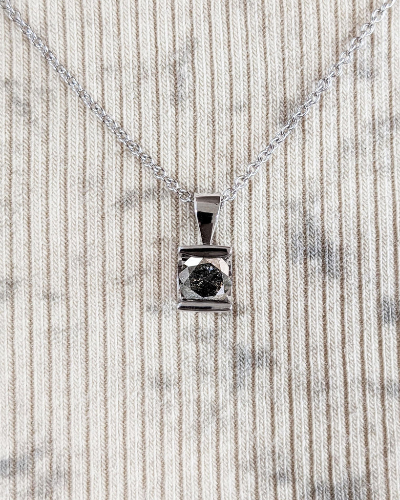 18k White Gold Solitaire Necklace | White Gold Necklace | Minimalist Gold Chain Woman Necklace | Round cut Grey Diamond Necklace