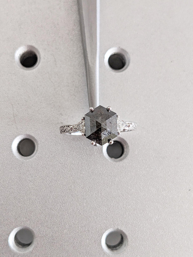 Salt and Pepper Diamond Ring, Filigree 14k Gold Engagement Ring, Hexagon Diamond Ring, Art Deco Raw Diamond Ring, Triangle Moissanite Ring