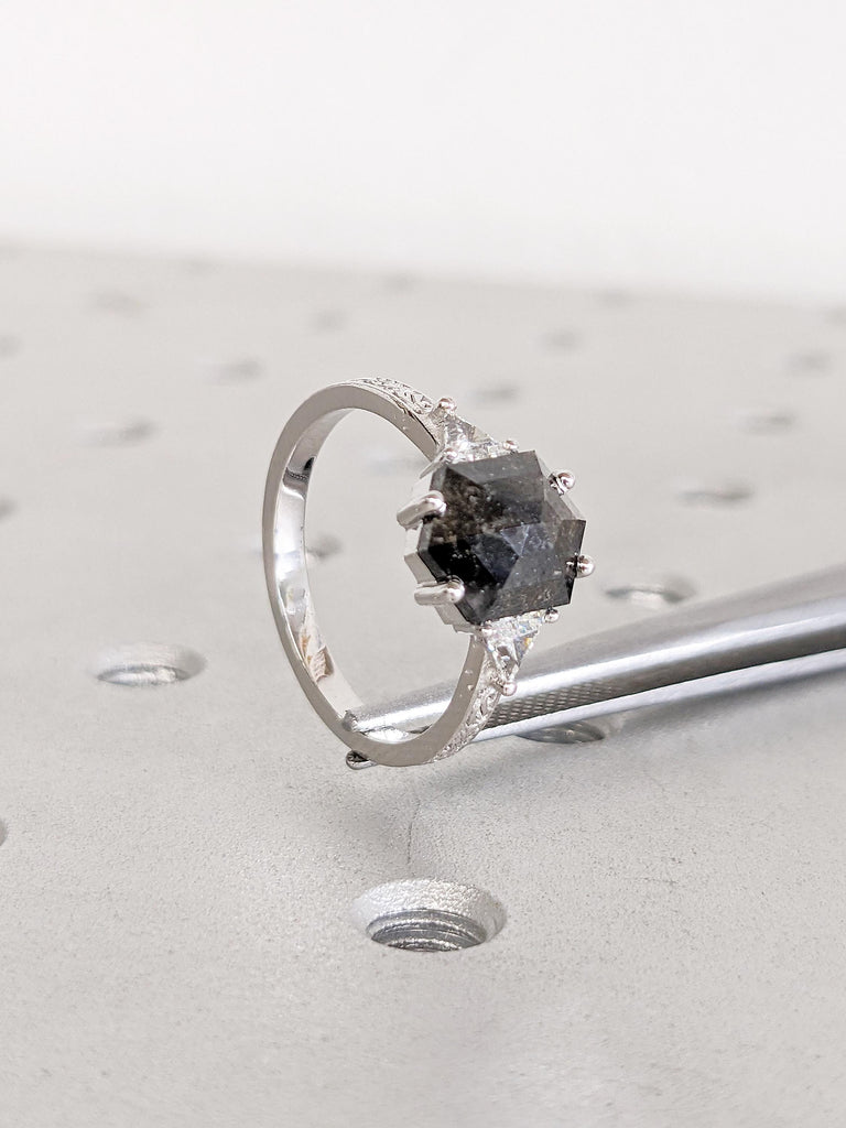Salt and Pepper Diamond Ring, Filigree 14k Gold Engagement Ring, Hexagon Diamond Ring, Art Deco Raw Diamond Ring, Triangle Moissanite Ring