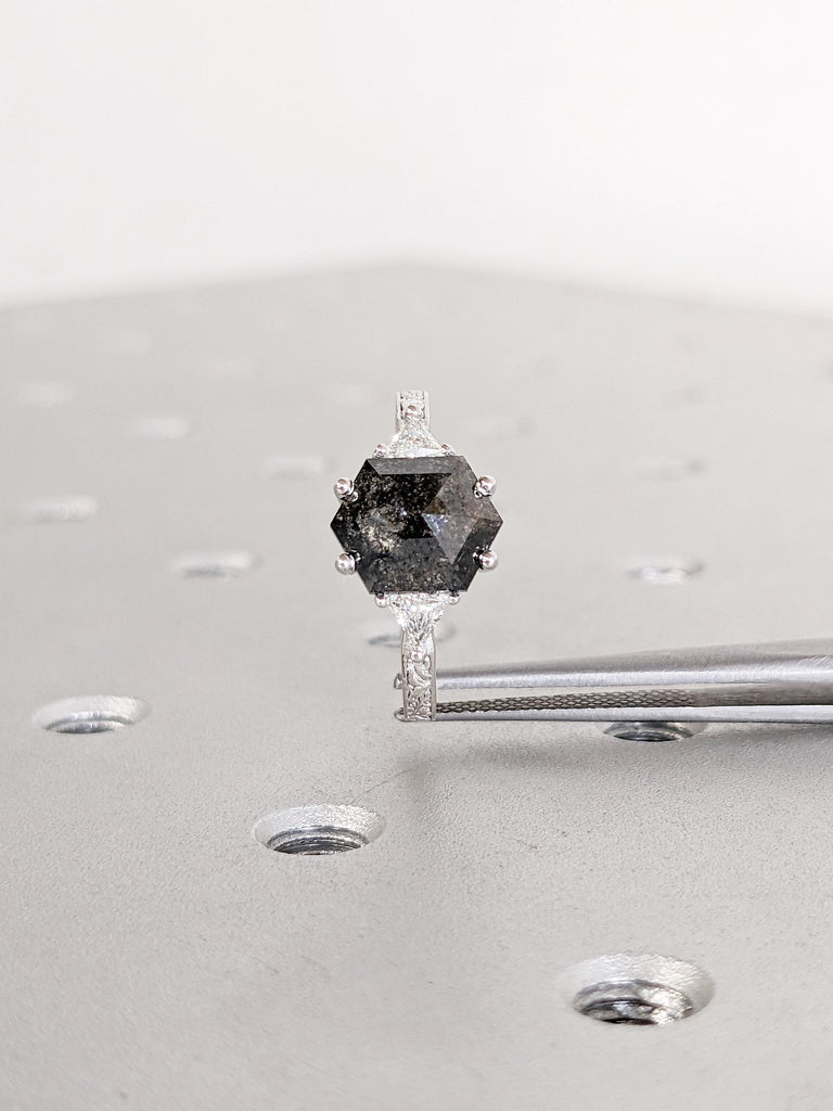 Hexagon Ring, Raw Salt and Pepper Diamond Ring, White Gold Ring, Filigree Ring, Engagement Rings, Triangle Diamond Ring, Gold Statement Ring