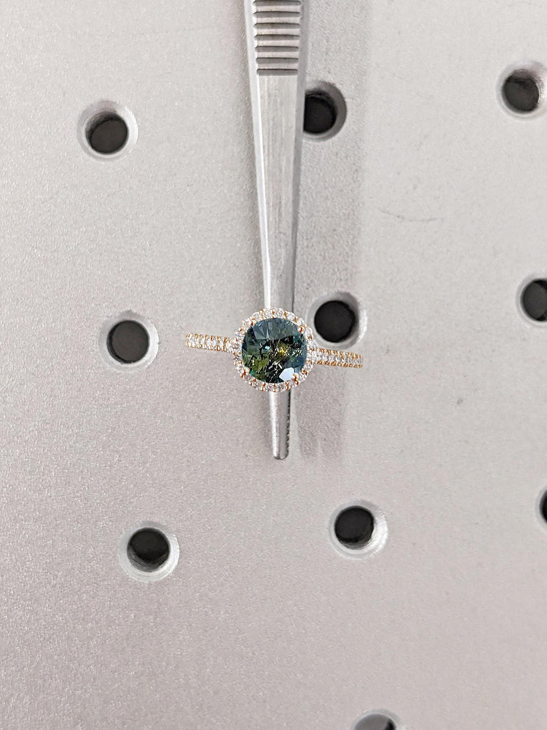 Blue Green Sapphire Ring, Rose Gold Engagement Ring, Halo Promise Ring for Her, Art Deco Comfort fit Ring, Half Eternity Band, Gift for Her