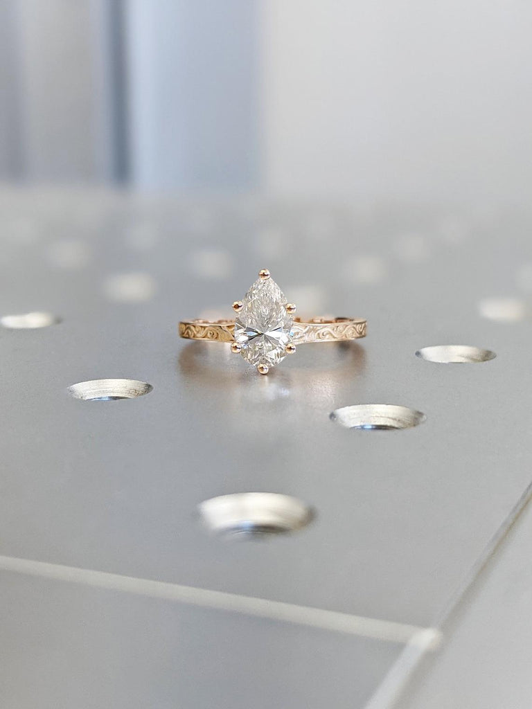 Colorless Moissanite Pear cut Engagement Ring | Antique Proposal Ring Filigree Band