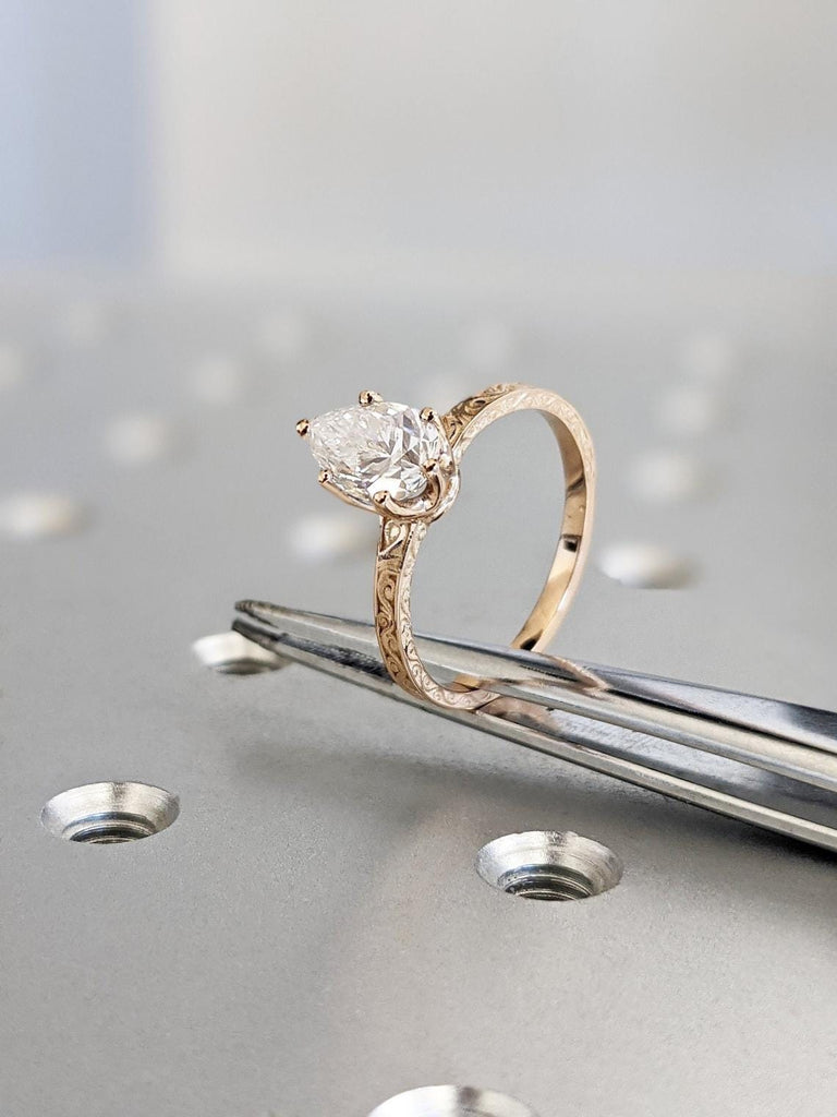 VVS Moissanite Vintage Engagement Ring | Solid Rose Gold Solitaire Moissantie Ring | Handmade Filigree Wedding Band | Unique Proposal Ring