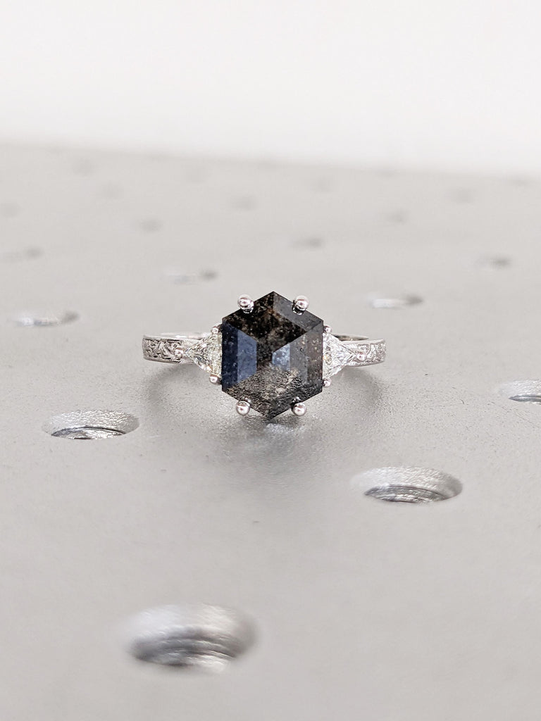 Salt and Pepper Diamond Ring, Filigree 14k Gold Engagement Ring, Hexagon Diamond Ring, Art Deco Raw Diamond Ring, Triangle Moissanite Ring