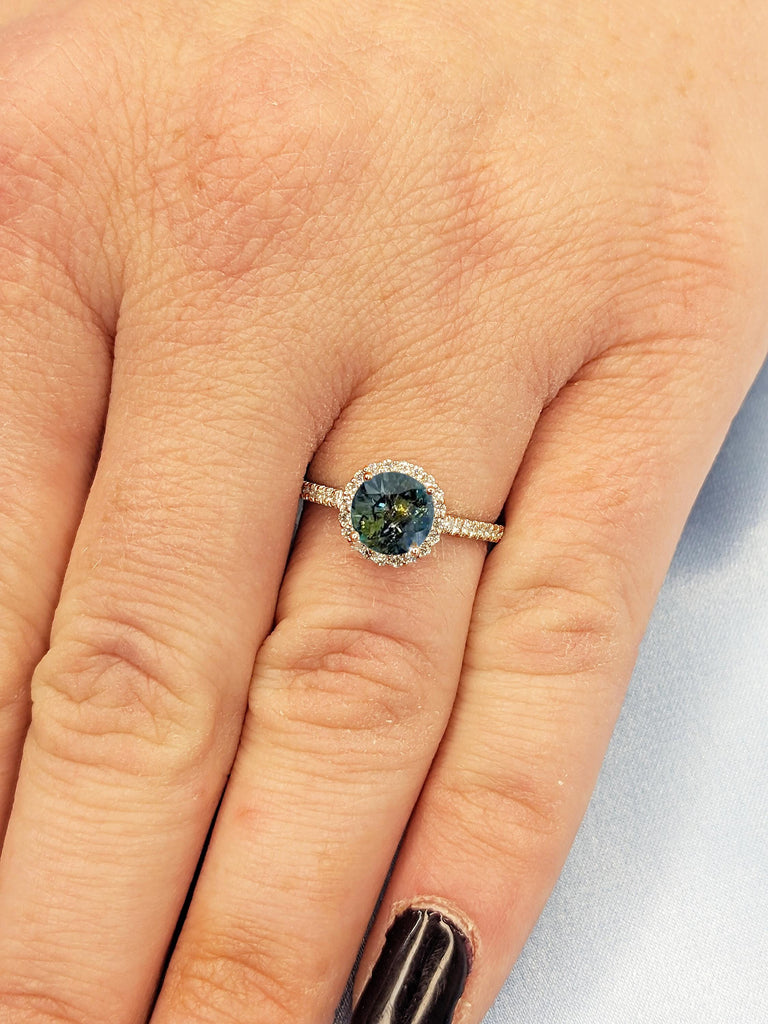 Blue Green Sapphire Ring, Rose Gold Engagement Ring, Halo Promise Ring for Her, Art Deco Comfort fit Ring, Half Eternity Band, Gift for Her