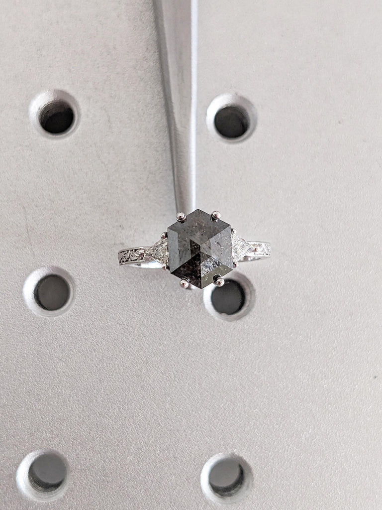 Hexagon Ring, Raw Salt and Pepper Diamond Ring, White Gold Ring, Filigree Ring, Engagement Rings, Triangle Diamond Ring, Gold Statement Ring