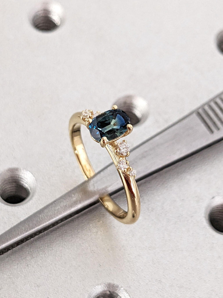 Yellow Gold Women Wedding Ring | Teal Sapphire 18k Gold Engagement Ring | Lab Grown Diamond Cluster Snowdrift Promise Anniversary Ring, Gift for Wife