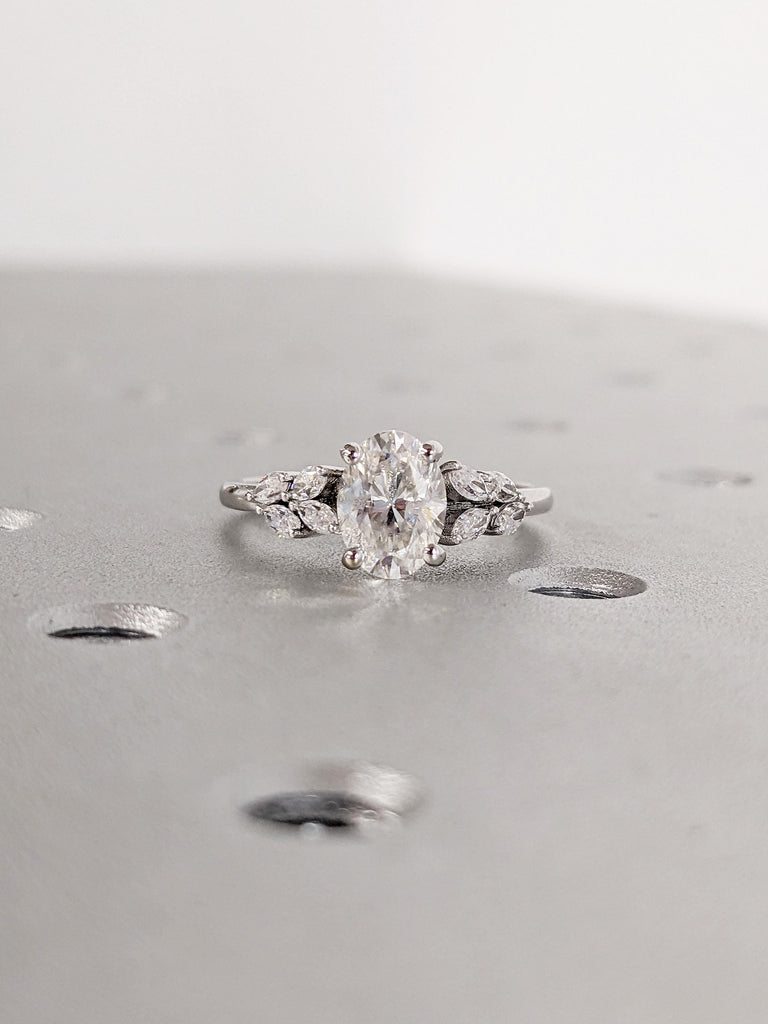 Oval Moissanite Engagement Ring, White Gold Ring, Art Deco Nature Inspired Ring, Marquise Cut Leaf Ring, Vintage Moissanite Rings for Women