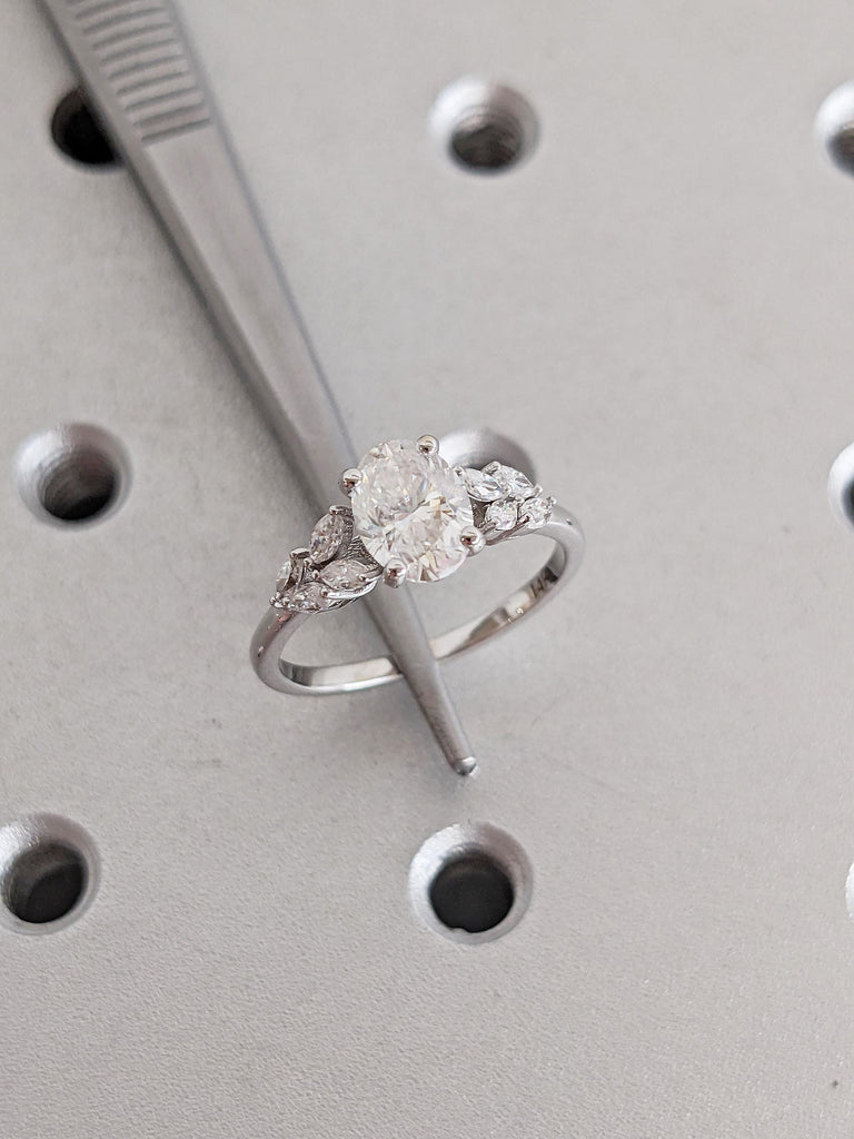 1ct Lab Grown Diamond Engagement Ring, 14k Gold Ring, Oval Lab Diamond Ring, Marquise Cut Diamond Cluster Ring, Nature Inspired Floral Ring