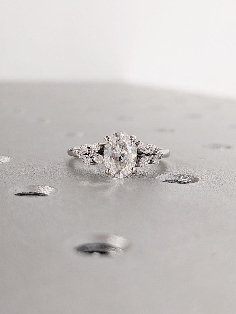 1ct Lab Grown Diamond Engagement Ring, 14k Gold Ring, Oval Lab Diamond Ring, Marquise Cut Diamond Cluster Ring, Nature Inspired Floral Ring